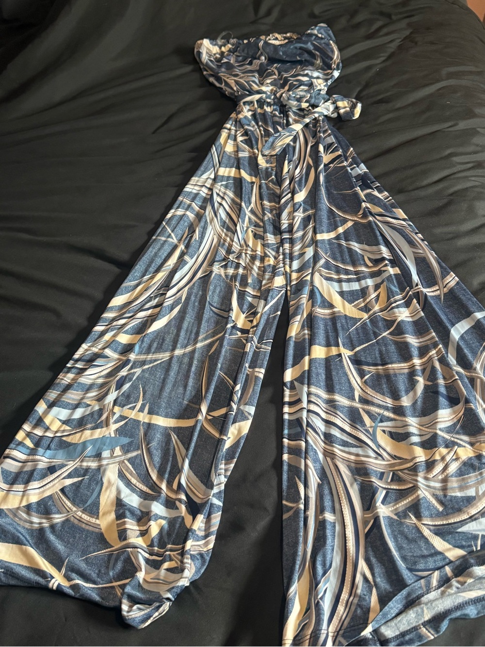 Ariella Wide Leg Jumpsuit in Navy and Cream Swirl Print